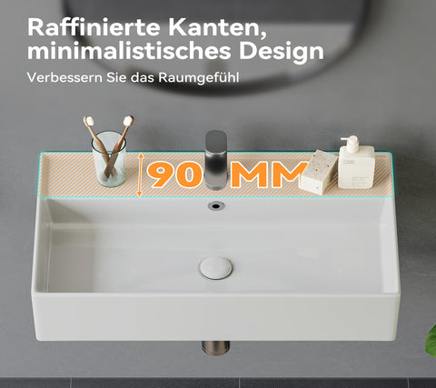 HOROW F08R-S5531W Rechteckiges Waschbecken mit dünnem Rand – Aufsatz- oder Hängewaschbecken mit Hahnloch