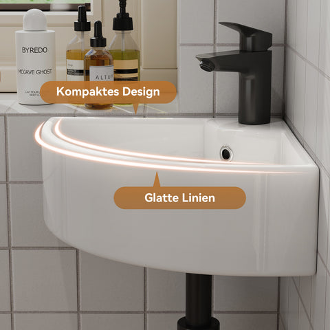 HOROW F08R-T4633W Eckiges Waschbecken 32×32 cm – Kleines Wand- & Aufsatzwaschbecken mit Hahnloch, Dünner Rand