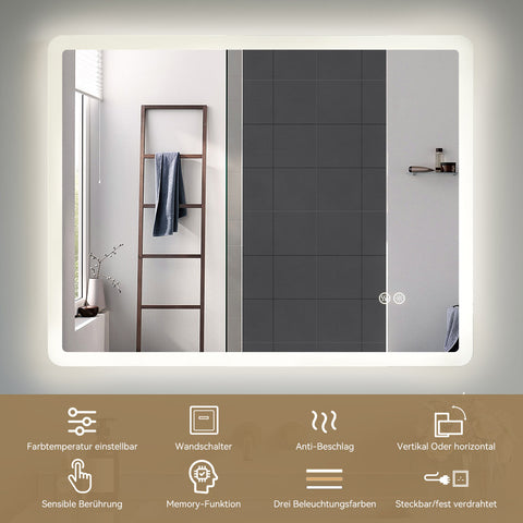 HOROW M7090S | Badezimmer Wandspiegel LED mit Beleuchtung | Dimmbar | Entfoggend | Touch-Schalter | 70x90 cm