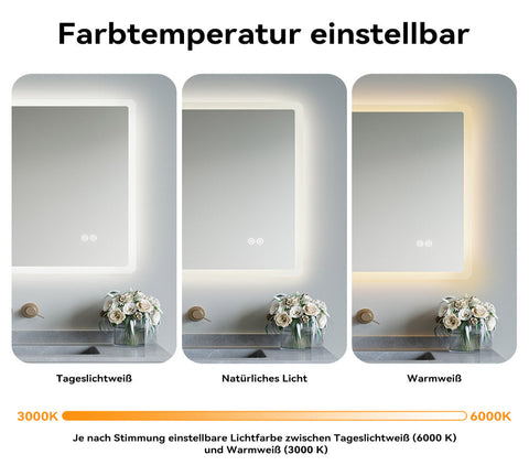 HOROW M7090S | Badezimmer Wandspiegel LED mit Beleuchtung | Dimmbar | Entfoggend | Touch-Schalter | 70x90 cm