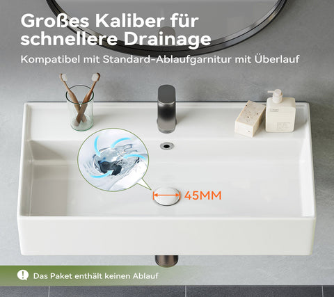 HOROW F08R-S5531W Rechteckiges Waschbecken mit dünnem Rand – Aufsatz- oder Hängewaschbecken mit Hahnloch