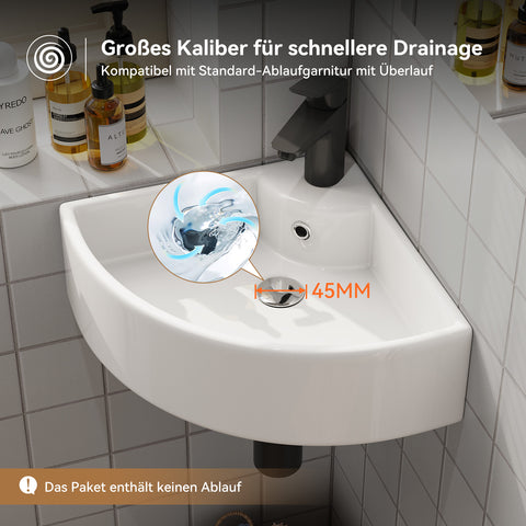HOROW F08R-T4633W Eckiges Waschbecken 32×32 cm – Kleines Wand- & Aufsatzwaschbecken mit Hahnloch, Dünner Rand