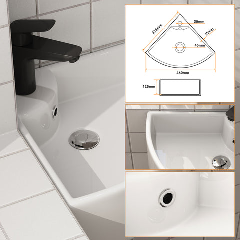 HOROW F08R-T4633W Eckiges Waschbecken 32×32 cm – Kleines Wand- & Aufsatzwaschbecken mit Hahnloch, Dünner Rand