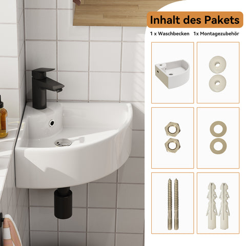 HOROW F08R-T4633W Eckiges Waschbecken 32×32 cm – Kleines Wand- & Aufsatzwaschbecken mit Hahnloch, Dünner Rand