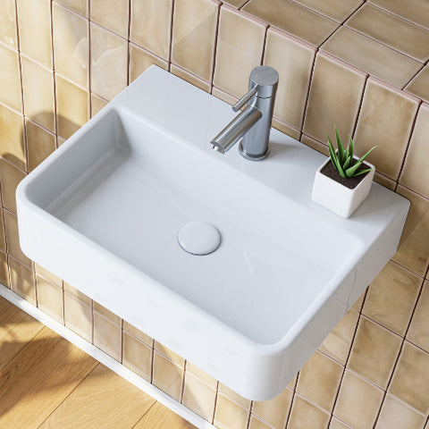 HOROW F08R-S3826W Waschbecken aus Keramik in Weiß, 38×26 cm rechteckig,Ohne Überlauf, Mit Hahnloch