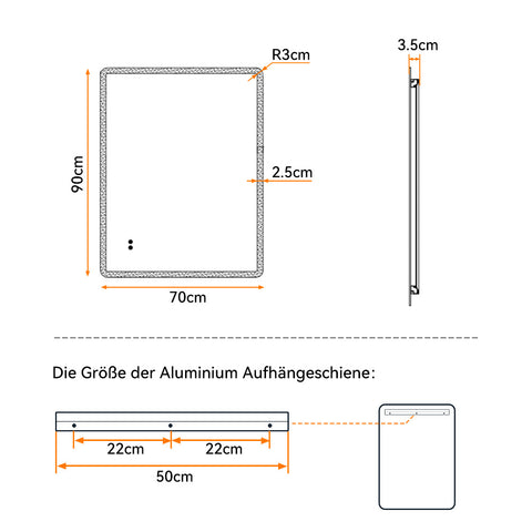HOROW M7090S | Badezimmer Wandspiegel LED mit Beleuchtung | Dimmbar | Entfoggend | Touch-Schalter | 70x90 cm