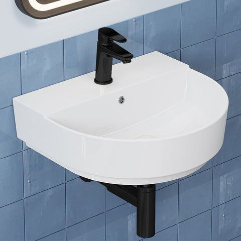 HOROW F08R-R5044W Keramik Waschbecken Weiß mit Überlauf & Hahnloch, Wandhängendes Handwaschbecken, 50 cm Oval