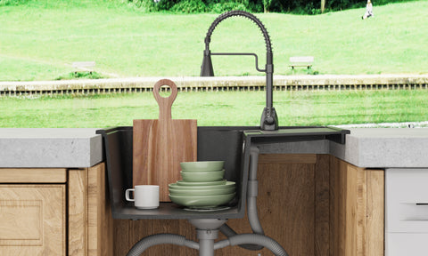 HOROW A09S-S5745B Granitspüle Schwarz 57×45 cm – Einbauspüle mit Siphon & Überlauf, reversibel, 1 Becken