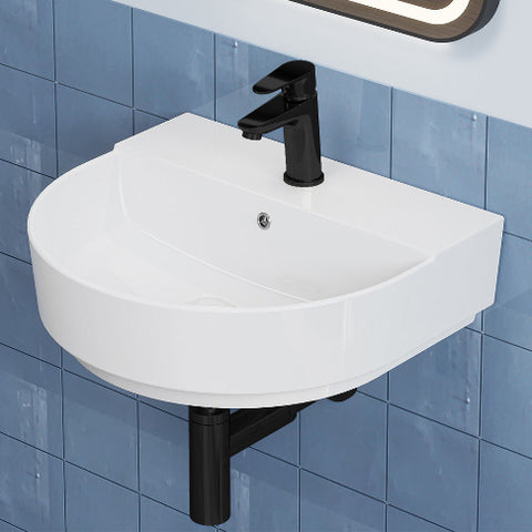 HOROW F08R-R5044W Keramik Waschbecken Weiß mit Überlauf & Hahnloch, Wandhängendes Handwaschbecken, 50 cm Oval