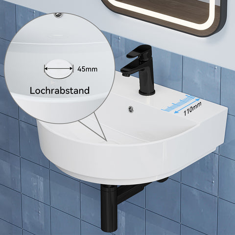 HOROW F08R-R5044W Keramik Waschbecken Weiß mit Überlauf & Hahnloch, Wandhängendes Handwaschbecken, 50 cm Oval