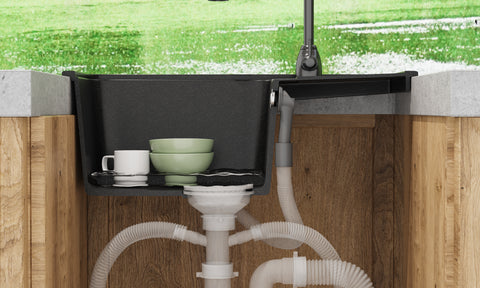 HOROW A09S-S5745B Granitspüle Schwarz 57×45 cm – Einbauspüle mit Siphon & Überlauf, reversibel, 1 Becken