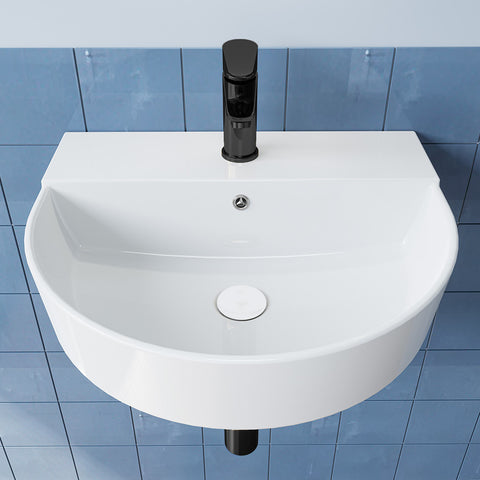 HOROW F08R-R5044W Keramik Waschbecken Weiß mit Überlauf & Hahnloch, Wandhängendes Handwaschbecken, 50 cm Oval