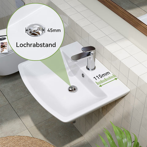HOROW F08R-S4842W Waschbecken aus Keramik– Weißes Aufsatzwaschbecken mit Überlauf & 1 Hahnloch, 48×42 cm