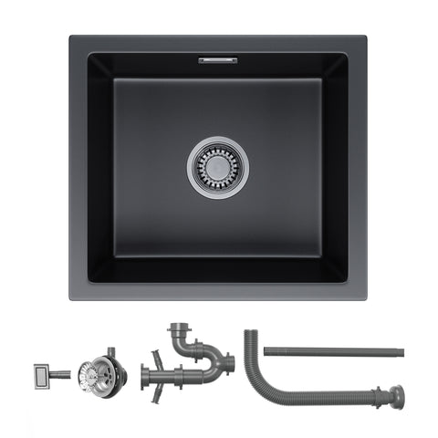 HOROW A02R-S4540B Granit Spüle Schwarz– Einbauspüle mit Siphon & Ablauf, Quarz-Komposit, ohne Wasserhahn, 45×40 cm