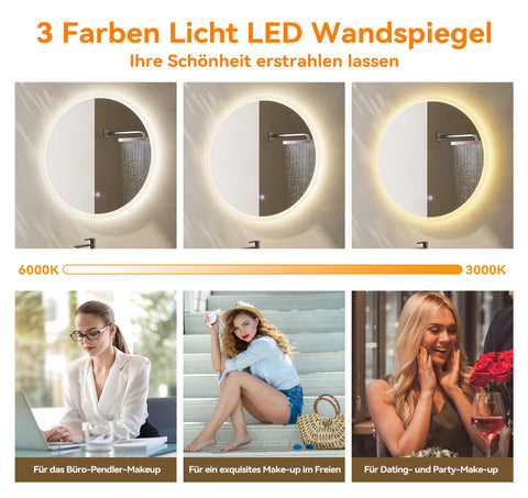 HOROW M80R LED Spiegel Rund 80 cm – Dimmbar, 3 Lichtfarben, Antibeschlag, IP44, Rahmenlos