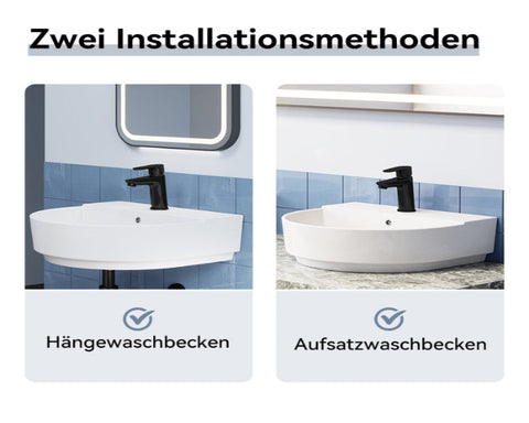 HOROW F08R-R5044W Keramik Waschbecken Weiß mit Überlauf & Hahnloch, Wandhängendes Handwaschbecken, 50 cm Oval