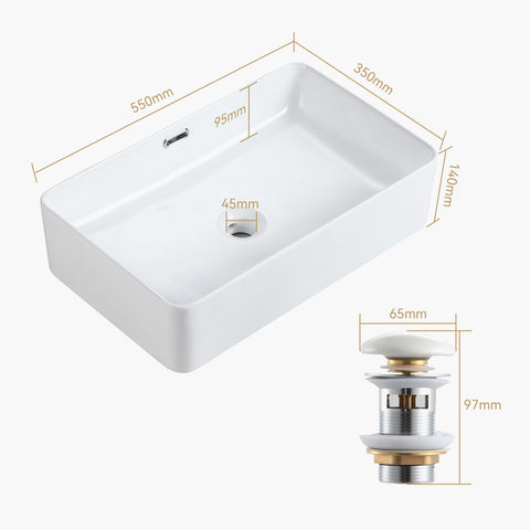 HOROW F09R-S5535W1 Waschbecken aus Keramik für Gäste-WC – Weiß, m it dünnem Rand, Überlauf & Pop-up-Ventil