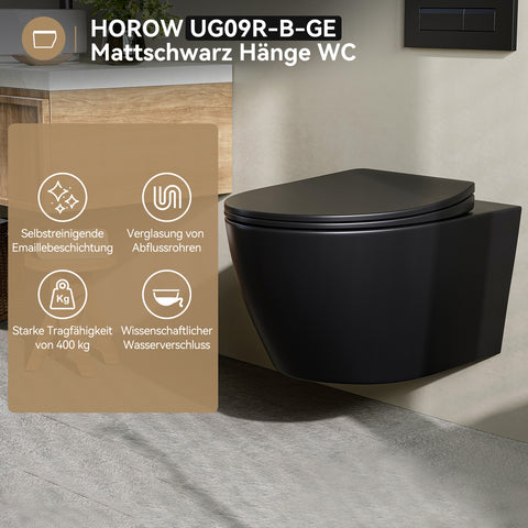 HOROW UG09R-B Wand-WC spülrandlos | WC Sitz mit Absenkautomatik | Superspin Spülung | schwarz | Geräuscharmes Spülen | Keramik