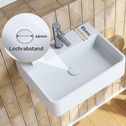 HOROW F08R-S3826W Waschbecken aus Keramik in Weiß, 38×26 cm rechteckig,Ohne Überlauf, Mit Hahnloch