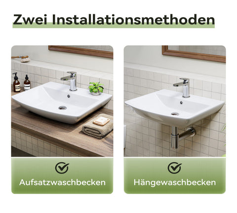 HOROW F08R-S4842W Waschbecken aus Keramik– Weißes Aufsatzwaschbecken mit Überlauf & 1 Hahnloch, 48×42 cm