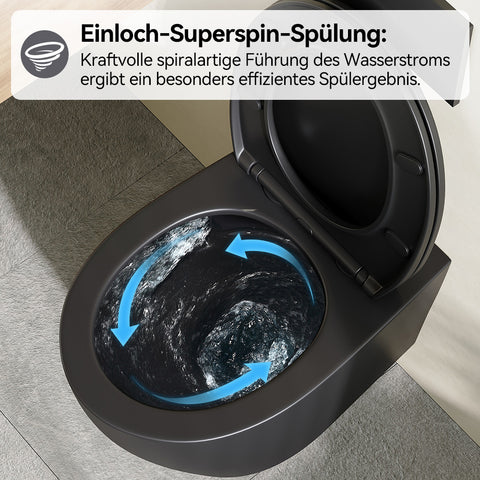 HOROW UG09R-B Wand-WC spülrandlos | WC Sitz mit Absenkautomatik | Superspin Spülung | schwarz | Geräuscharmes Spülen | Keramik