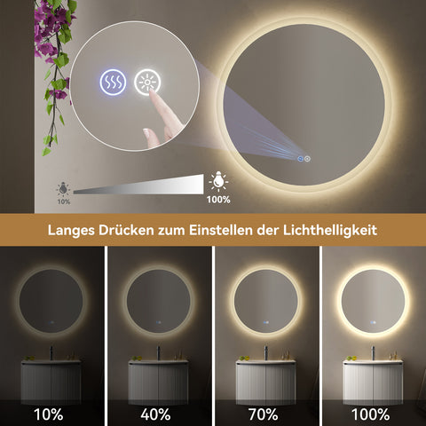 HOROW M80R LED Spiegel Rund 80 cm – Dimmbar, 3 Lichtfarben, Antibeschlag, IP44, Rahmenlos