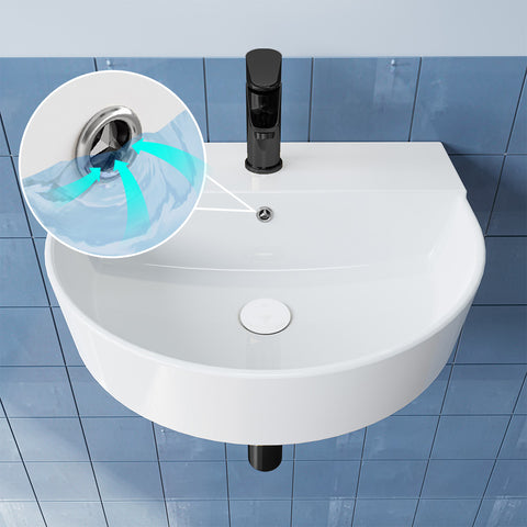 HOROW F08R-R5044W Keramik Waschbecken Weiß mit Überlauf & Hahnloch, Wandhängendes Handwaschbecken, 50 cm Oval