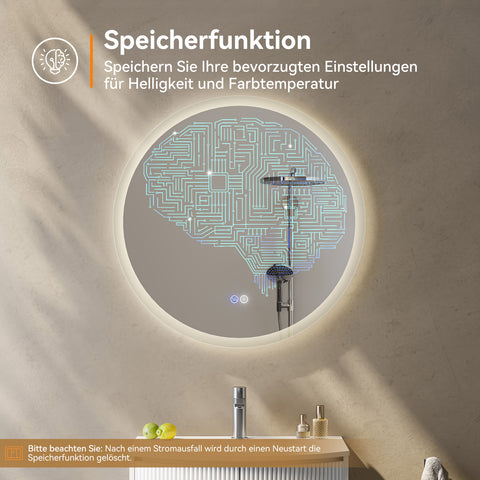 HOROW M80R LED Spiegel Rund 80 cm – Dimmbar, 3 Lichtfarben, Antibeschlag, IP44, Rahmenlos