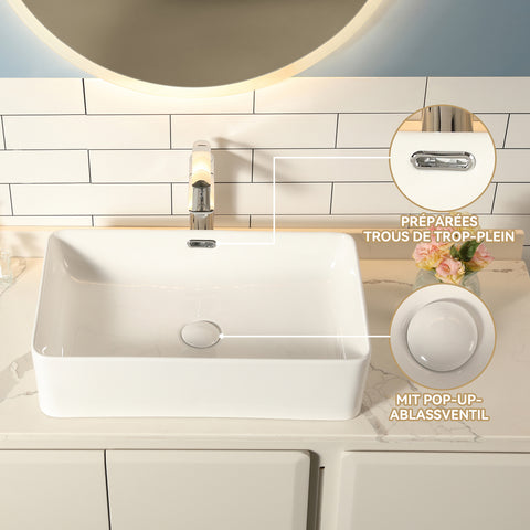 HOROW F09R-S5535W1 Waschbecken aus Keramik für Gäste-WC – Weiß, m it dünnem Rand, Überlauf & Pop-up-Ventil