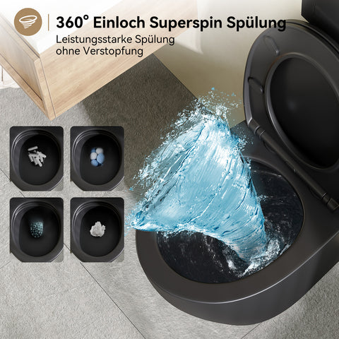 HOROW UG09R-B Wand-WC spülrandlos | WC Sitz mit Absenkautomatik | Superspin Spülung | schwarz | Geräuscharmes Spülen | Keramik