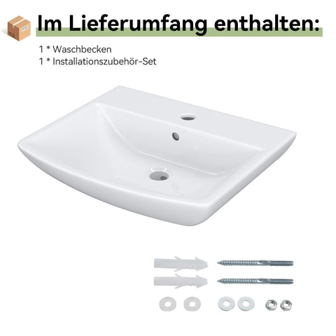 HOROW F08R-S4842W Waschbecken aus Keramik– Weißes Aufsatzwaschbecken mit Überlauf & 1 Hahnloch, 48×42 cm