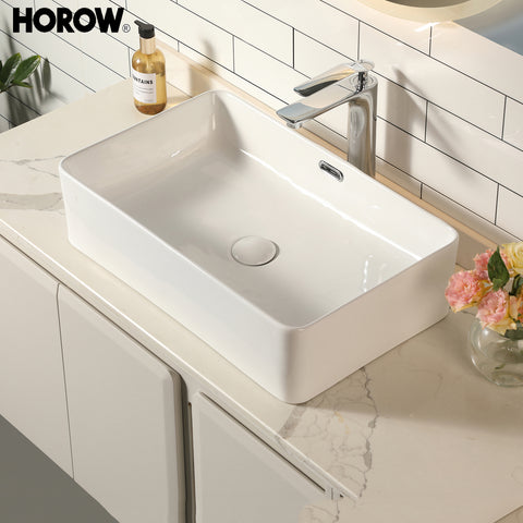 HOROW F09R-S5535W1 Waschbecken aus Keramik für Gäste-WC – Weiß, m it dünnem Rand, Überlauf & Pop-up-Ventil