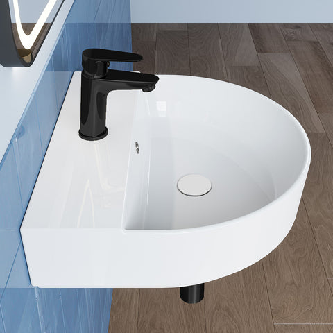 HOROW F08R-R5044W Keramik Waschbecken Weiß mit Überlauf & Hahnloch, Wandhängendes Handwaschbecken, 50 cm Oval