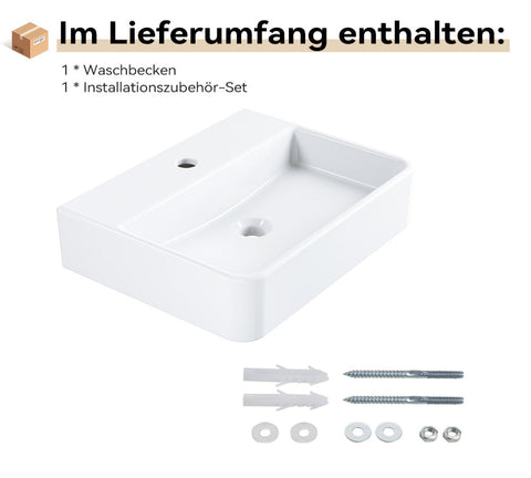 HOROW F08R-S3826W Waschbecken aus Keramik in Weiß, 38×26 cm rechteckig,Ohne Überlauf, Mit Hahnloch