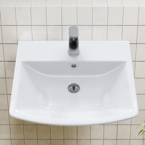 HOROW F08R-S4842W Waschbecken aus Keramik– Weißes Aufsatzwaschbecken mit Überlauf & 1 Hahnloch, 48×42 cm