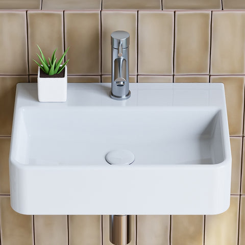 HOROW F08R-S3826W Waschbecken aus Keramik in Weiß, 38×26 cm rechteckig,Ohne Überlauf, Mit Hahnloch