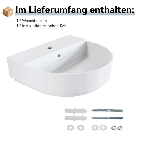 HOROW F08R-R5044W Keramik Waschbecken Weiß mit Überlauf & Hahnloch, Wandhängendes Handwaschbecken, 50 cm Oval