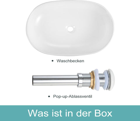 HOROW UR5941W Aufsatzwaschbecken Oval Weiß Keramik mit Lotus-Effekt