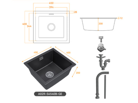 HOROW A02R-S4540B Granit Spüle Schwarz– Einbauspüle mit Siphon & Ablauf, Quarz-Komposit, ohne Wasserhahn, 45×40 cm