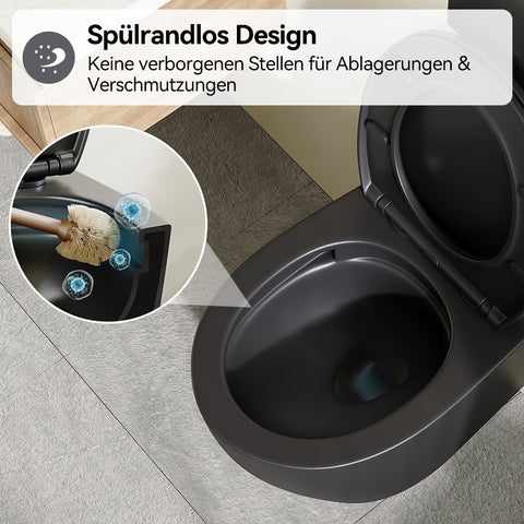 HOROW UG09R-B Wand-WC spülrandlos | WC Sitz mit Absenkautomatik | Superspin Spülung | schwarz | Geräuscharmes Spülen | Keramik