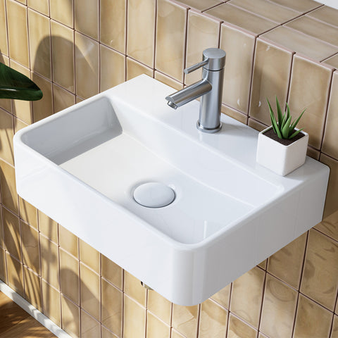 HOROW F08R-S3826W Waschbecken aus Keramik in Weiß, 38×26 cm rechteckig,Ohne Überlauf, Mit Hahnloch