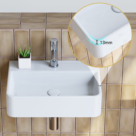 HOROW F08R-S3826W Waschbecken aus Keramik in Weiß, 38×26 cm rechteckig,Ohne Überlauf, Mit Hahnloch