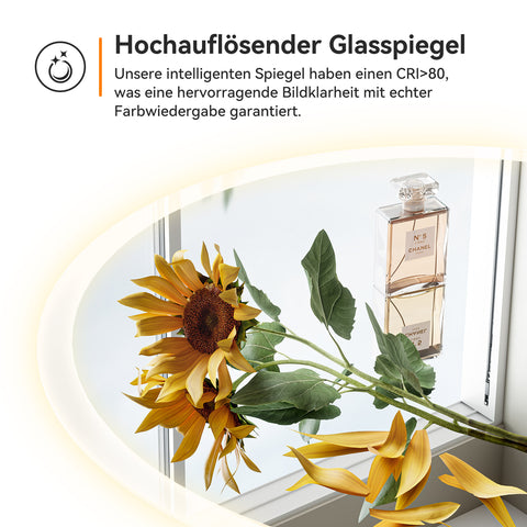 HOROW M80R LED Spiegel Rund 80 cm – Dimmbar, 3 Lichtfarben, Antibeschlag, IP44, Rahmenlos