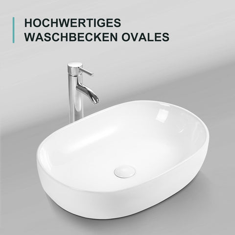 HOROW UR5941W Aufsatzwaschbecken Oval Weiß Keramik mit Lotus-Effekt