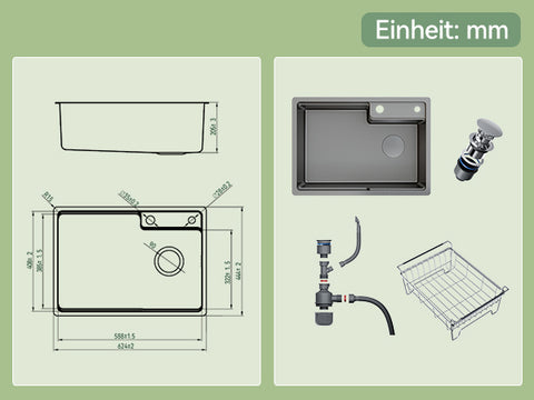 HOROW S03W-S6244S Spülbecken Edelstahl – 1 Becken, Einbauspüle Küche mit Siphon & Spülkorb, öl- & kratzfest,62x44 cm