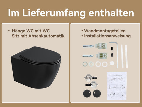 HOROW UG09R-B Wand-WC spülrandlos | WC Sitz mit Absenkautomatik | Superspin Spülung | schwarz | Geräuscharmes Spülen | Keramik