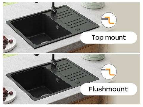 HOROW A09S-S5745B Granitspüle Schwarz 57×45 cm – Einbauspüle mit Siphon & Überlauf, reversibel, 1 Becken