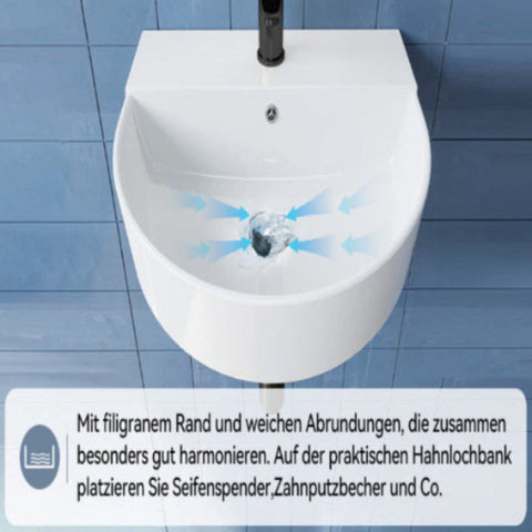 HOROW F08R-R5044W Keramik Waschbecken Weiß mit Überlauf & Hahnloch, Wandhängendes Handwaschbecken, 50 cm Oval