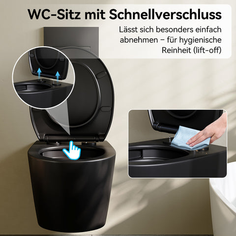 HOROW UG09R-B Wand-WC spülrandlos | WC Sitz mit Absenkautomatik | Superspin Spülung | schwarz | Geräuscharmes Spülen | Keramik