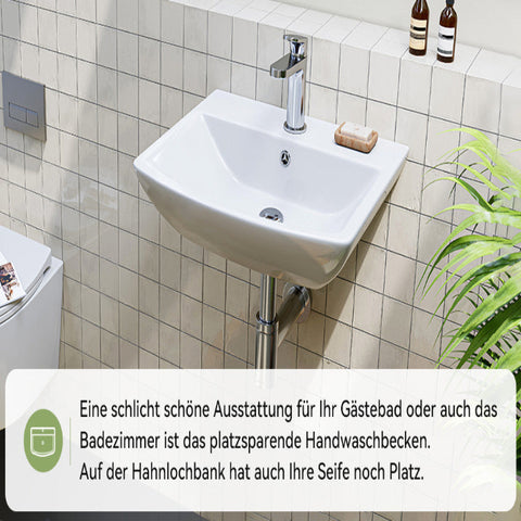 HOROW F08R-S4842W Waschbecken aus Keramik– Weißes Aufsatzwaschbecken mit Überlauf & 1 Hahnloch, 48×42 cm